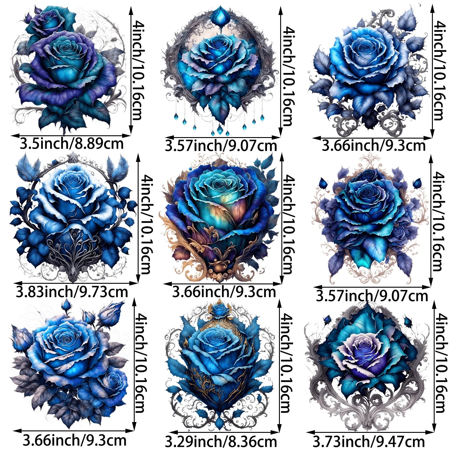 9 Sheets 4 Inch Blue Rose DIY Theme Iron-On Applique Patches Floral Theme Heat Transfer DIY Clothing, T-shirts, Masks, Jeans