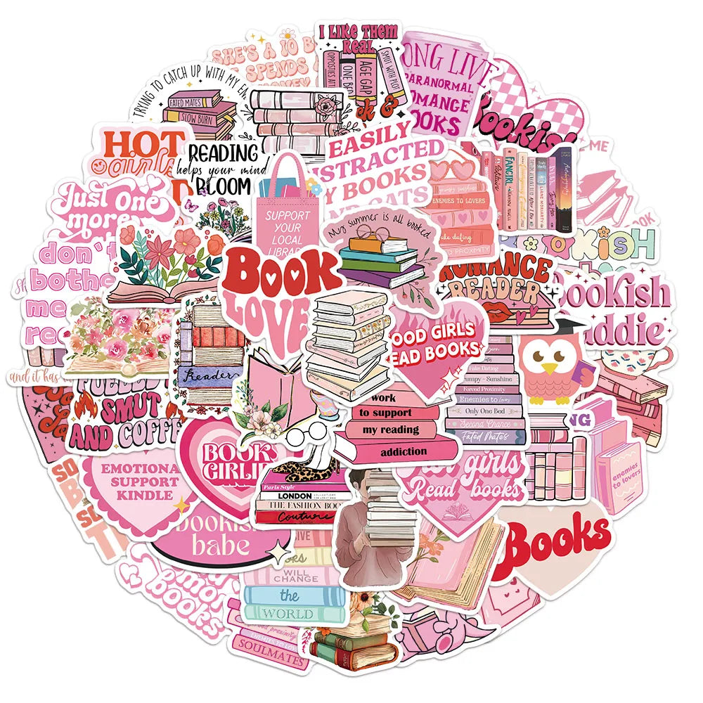 50PCS Pink Bookish Cartoon Stickers Creative DIY Stickers Tags Tablet Water Cup Decoration Stickers