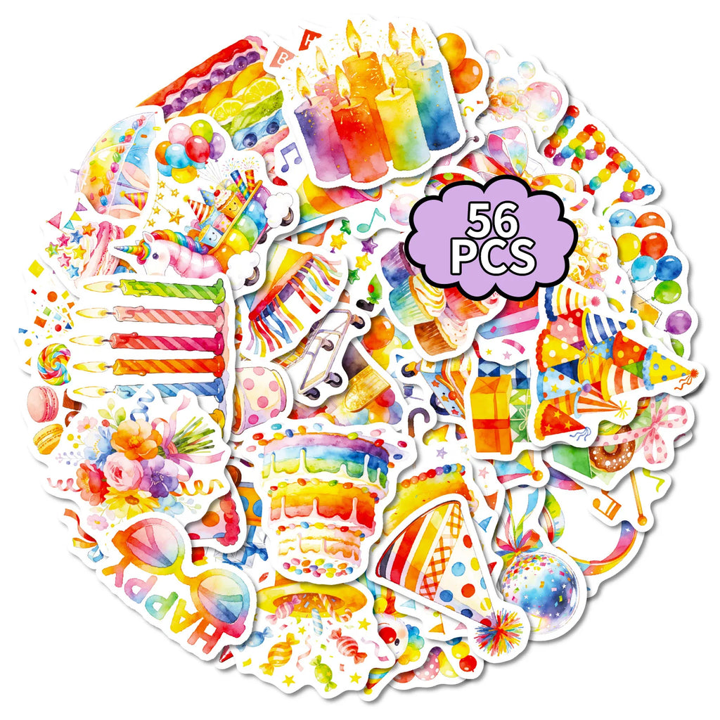 56PCS Watercolor Birthday Party Graffiti Stickers Balloon Cake Candy Elements Student Stationery Notebook Birthday Gift Stickers