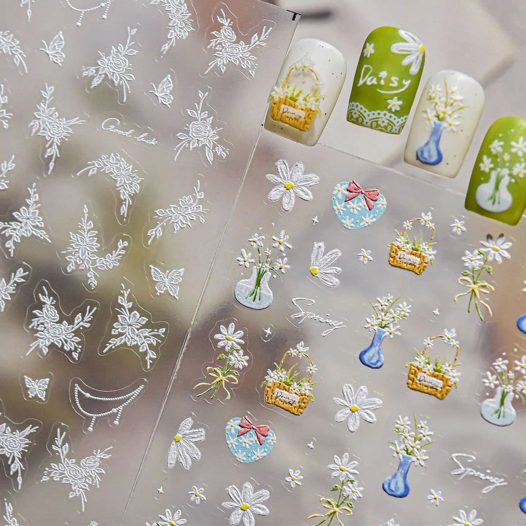 Spring Flowers Nail Charms Stickers 5D Semi-transparent Rose Daisy Flowers Self Adhesive Manicure Decorations Sticker Decals DIY