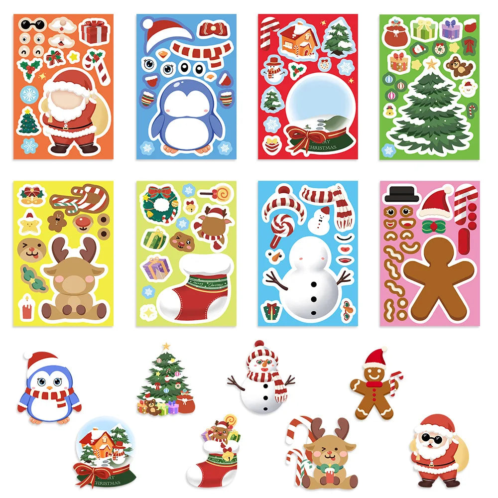 8Pcs Puzzle Cartoon Christmas Snowman Party Make a Face Stickers Handicrafts Waterproof Stickers