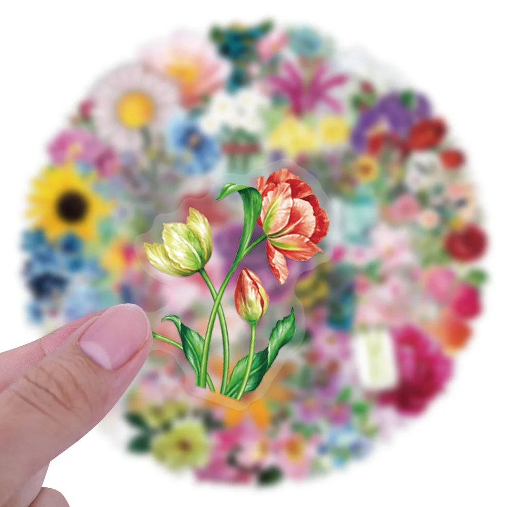 63/126PCS Transparent PET Flower Personalized Graffiti Stickers for Luggage, Water Cups, Scooter Stickers