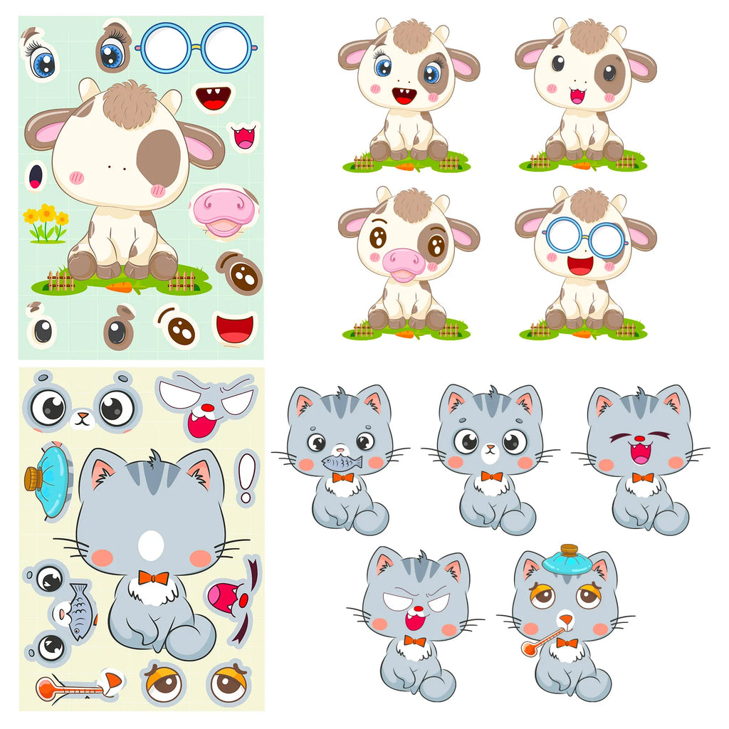 6/12 Pcs Large Cartoon Animal Make A Face Puzzle Relocatable Stickers DIY Game for Scrapbook Desk Stationery Box Helmet Phone