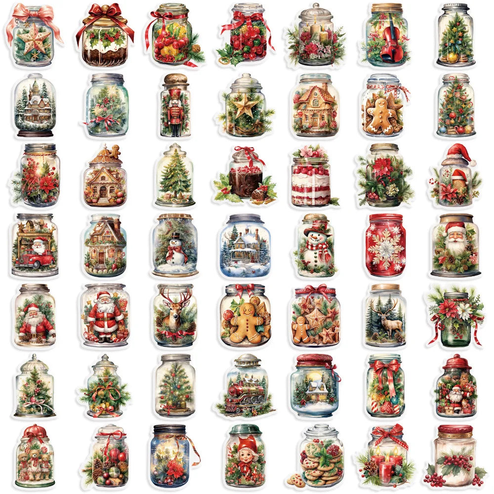 50 Pcs Cartoon Christmas Bottle Sticker Pack Waterproof Transparent PET Party Material Decoration Guitar Notebook