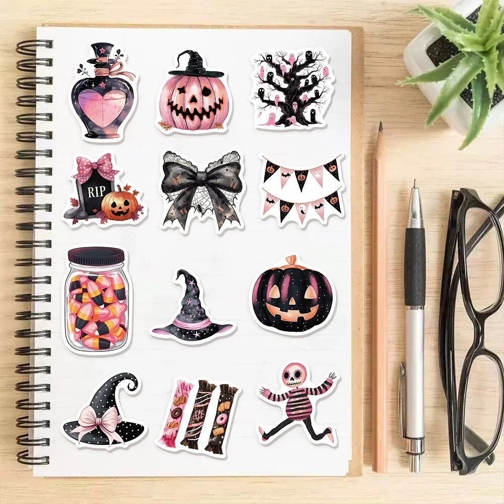 50PCS Cute Black Pink Halloween Fun Graffiti Stickers DIY Handmade Tags Book Roll Notebook Tablet Toy Stickers