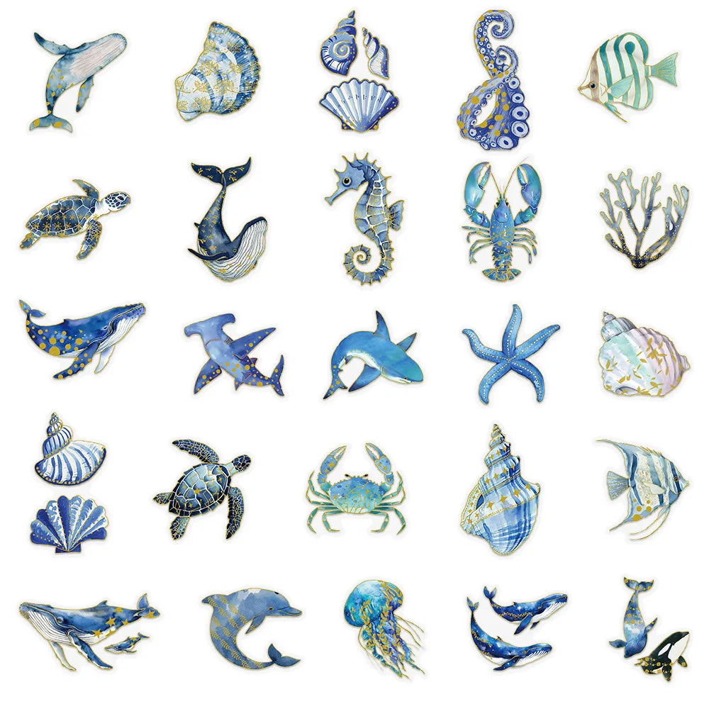 50-Pack Gold Foil Ocean Animal Doodle Stickers Waterproof Decor Decals for Students Stationery Phone Case Scrapbooking Sticker