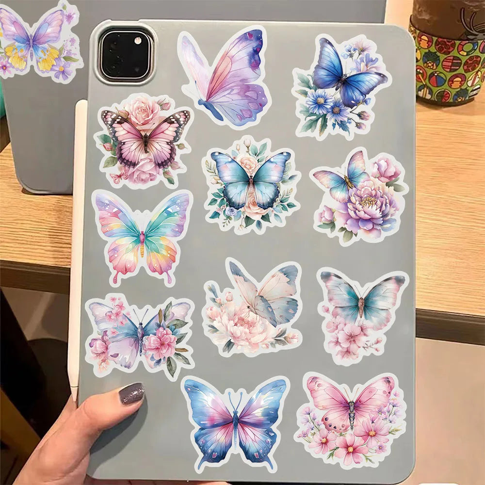50PCS Butterfly Stickers Packaging Transparent PET Brochure Flower Material Decoration Tablet Laptop Waterproof Stickers