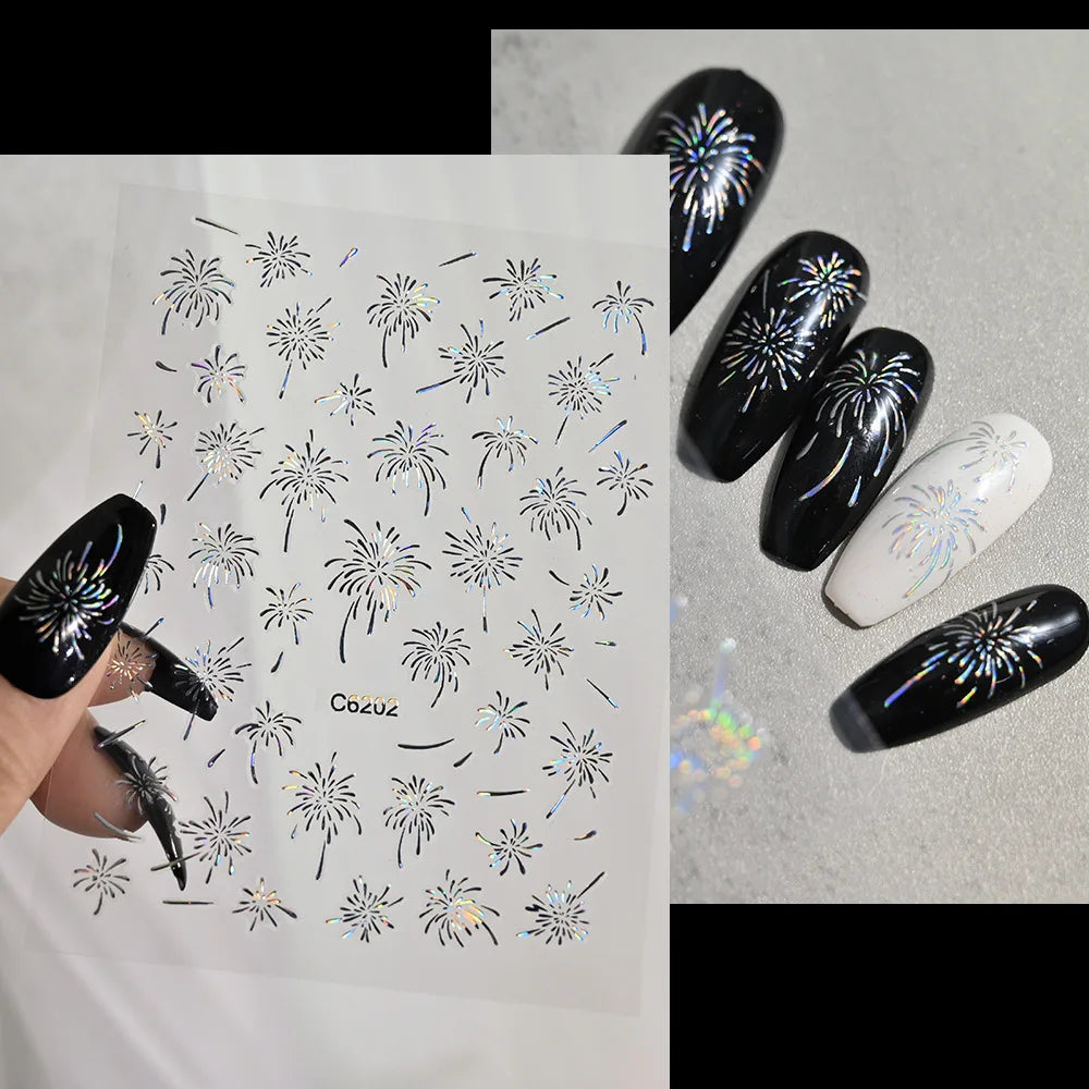 Laser Firework Nail Stickers 3D Self-Adhesive Blooming Fireworks Nail Art Decals New Year Firework Nail Decorations Slider 1pcs