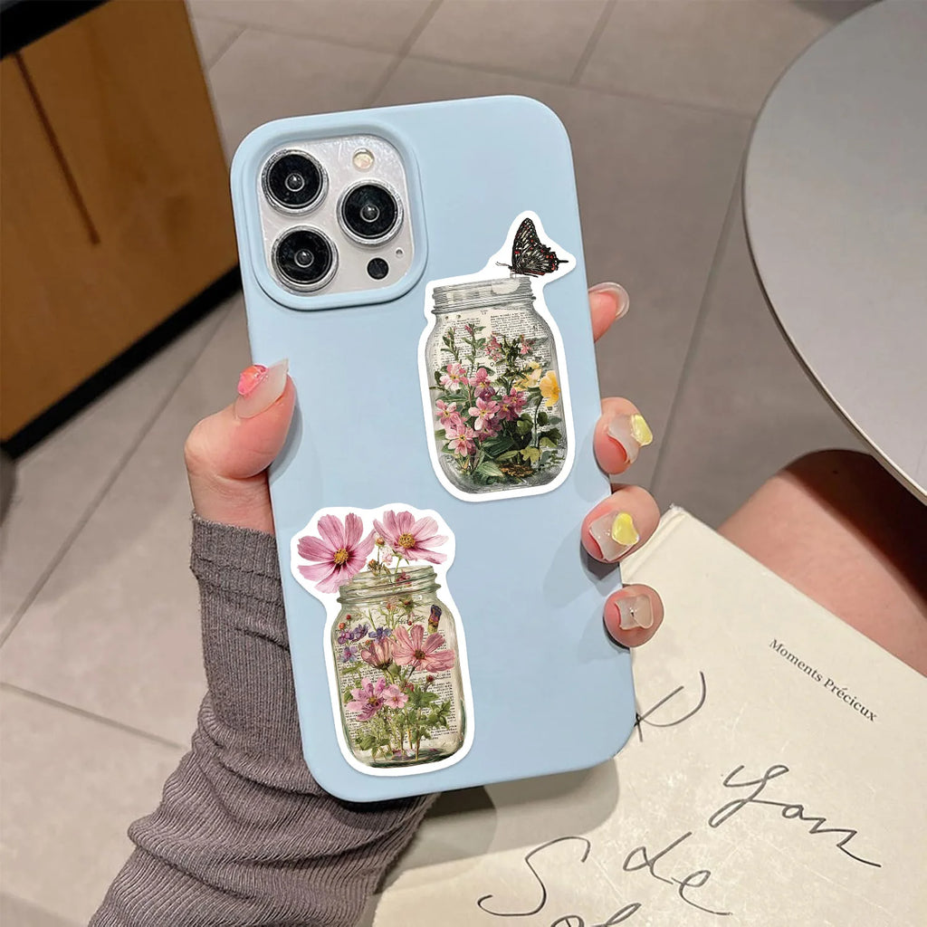 50/100Pcs Retro Flower Bottle Doodle Sticker School Stationery Notebook Decals Guitar Laptop Luggage DIY Waterproof Stickers
