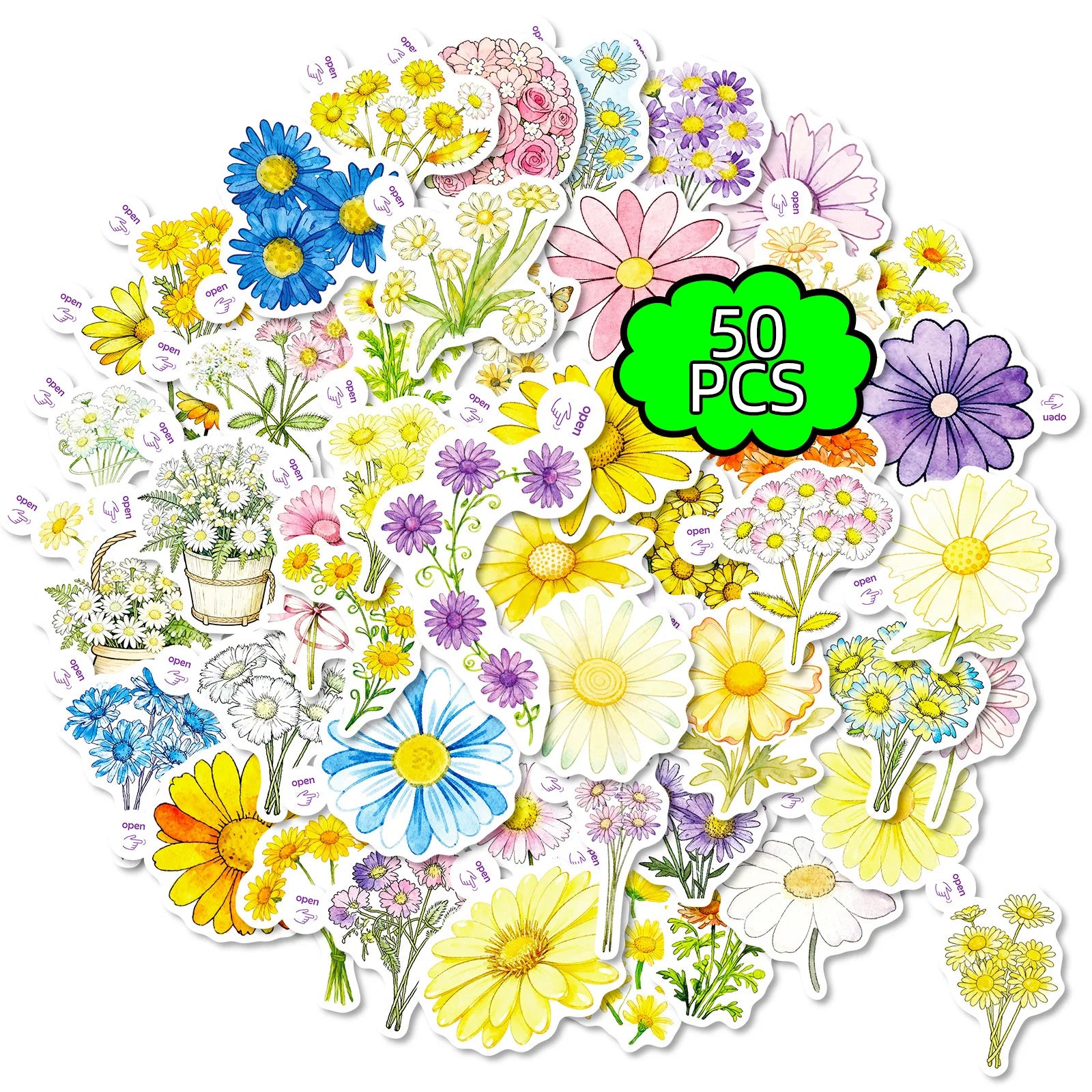 50PCS Colorful Daisy Themed Easy-Tear Stickers for Office Stationery Student Supplies Decorative Notebook Phone Helmet Decals