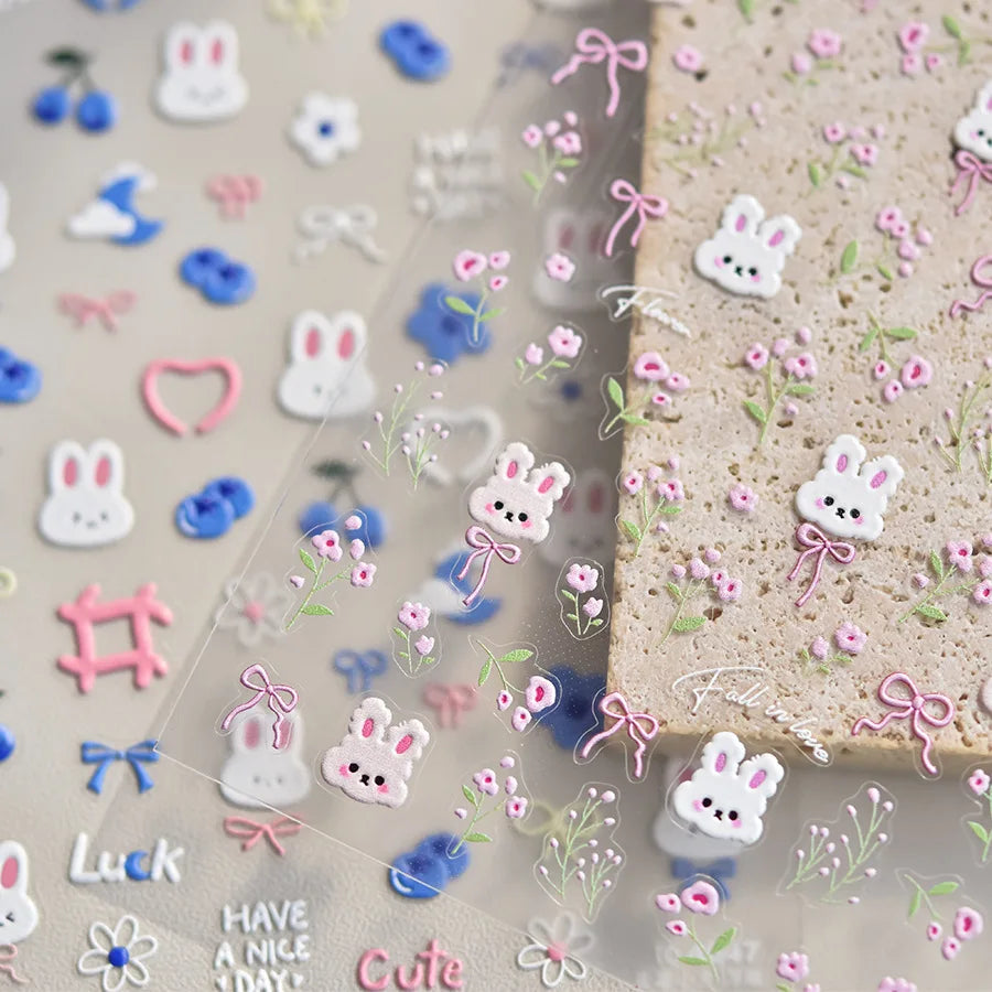 1pcs 5D Kawaii Rabbit Nail Stickers Embossed Cartoon Pink Blue Flower Adhesive Nail Art Decorations Decals Slider DIY Accessory
