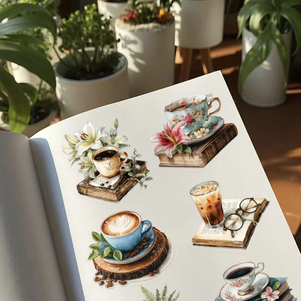 50/100Pcs Cartoon Coffee Book Theme Sticker Pack Waterproof Transparent PET Decor Decals Stationery Guitar Notebook Sticker