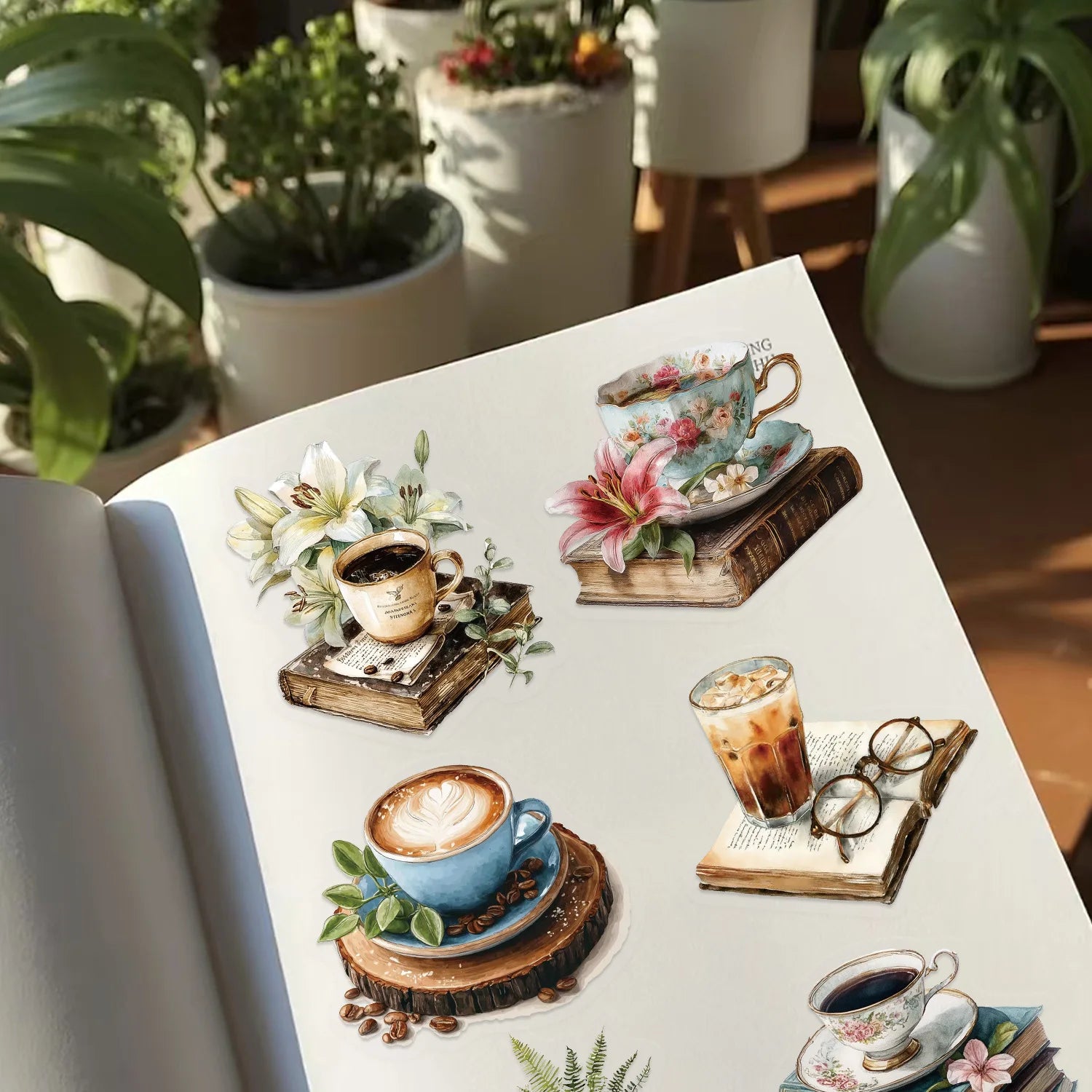 50/100Pcs Cartoon Coffee Book Theme Sticker Pack Waterproof Transparent PET Decor Decals Stationery Guitar Notebook Sticker