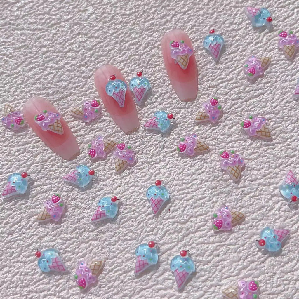 New Nail Art Accessories Summer Ice-cold Fruit Strawberry Ice Cream Cone Cute 3D Ice Cream Nail Charms Resin Nail Decorations