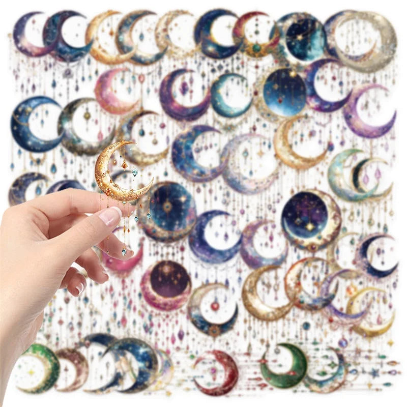 50PCS Dreamy Starry Moon PET Sticky Sticker Aesthetic Tear Open DIY Decoration Scrapbooking School Stationery Supplies for Kids