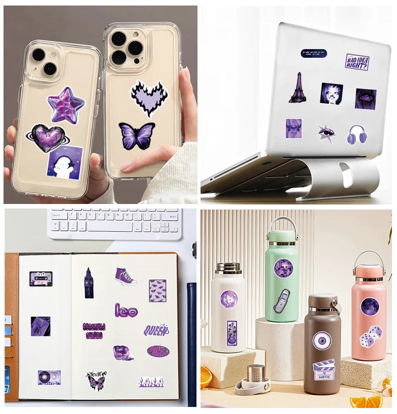 50/100 Pcs Purple Y2K Fresh Mix Doodle Stickers for Suitcase Helmet Skateboard Phone Laptop Stationery Box Vinyl Decals