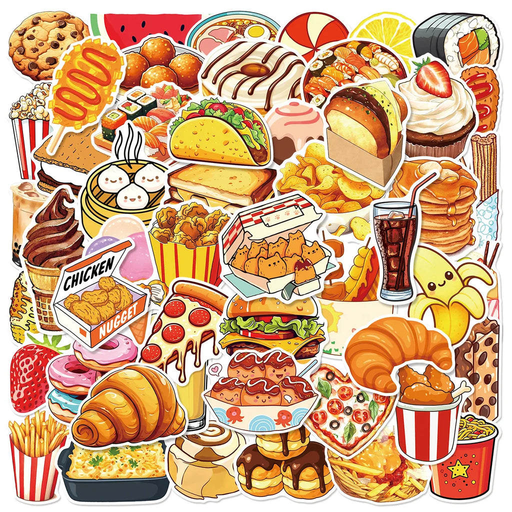 50/100PCS Cartoon Food Beverage Snack Graffiti Stickers Notebook Scooter Stationery Decoration Waterproof Stickers
