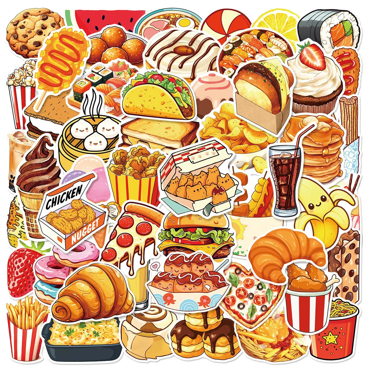 50/100PCS Cartoon Food Beverage Snack Graffiti Stickers Notebook Scooter Stationery Decoration Waterproof Stickers