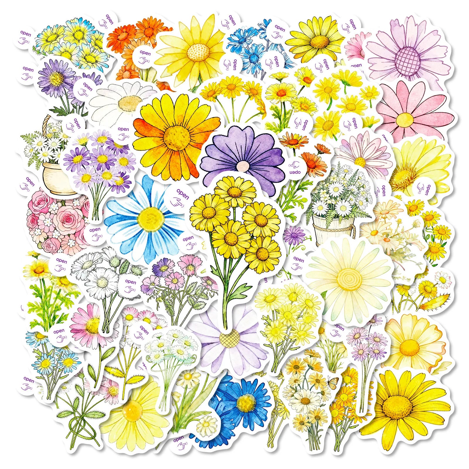 50PCS Colorful Daisy Themed Easy-Tear Stickers for Office Stationery Student Supplies Decorative Notebook Phone Helmet Decals