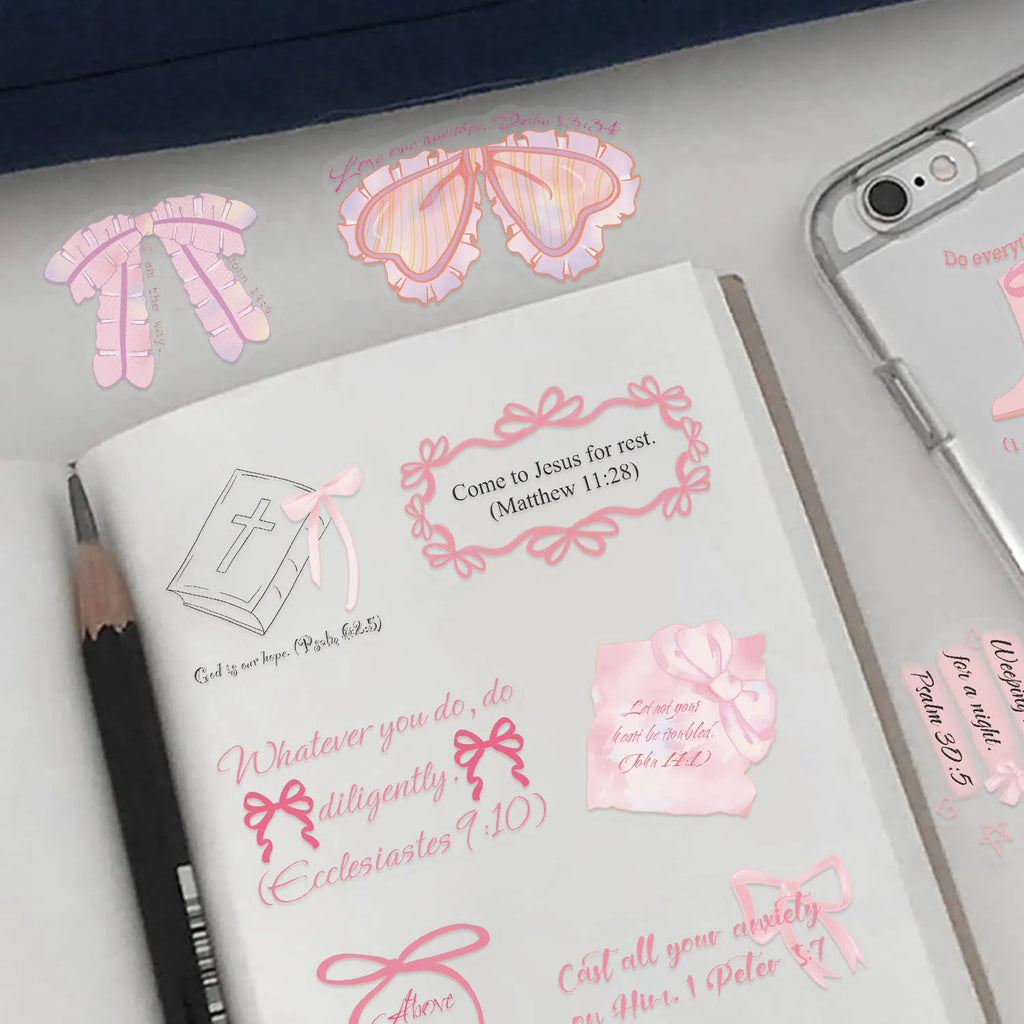 50/100PCS Transparent PET Pink Bow Tie Stickers Painted DIY Phone Decorative Notebook Stationery Stickers