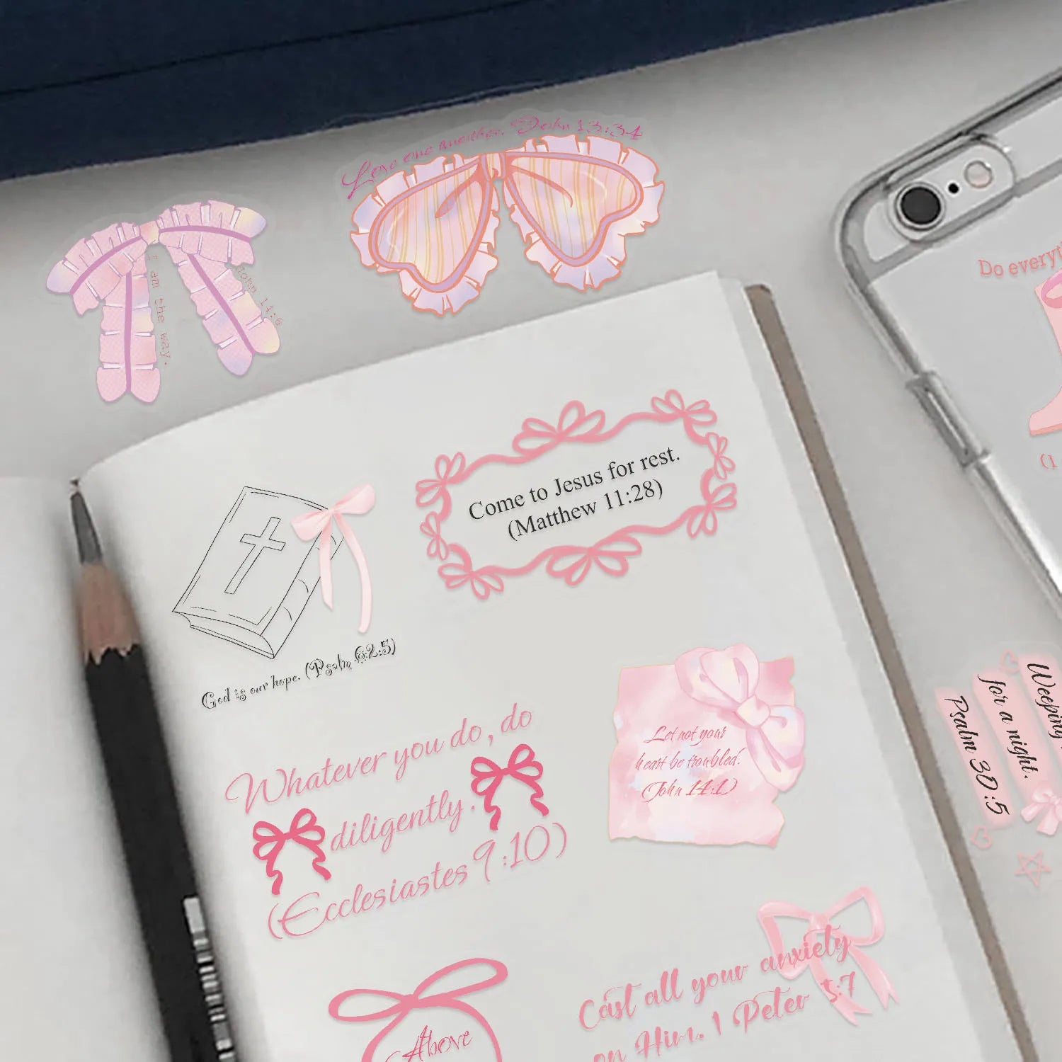 50/100PCS Transparent PET Pink Bow Tie Stickers Painted DIY Phone Decorative Notebook Stationery Stickers