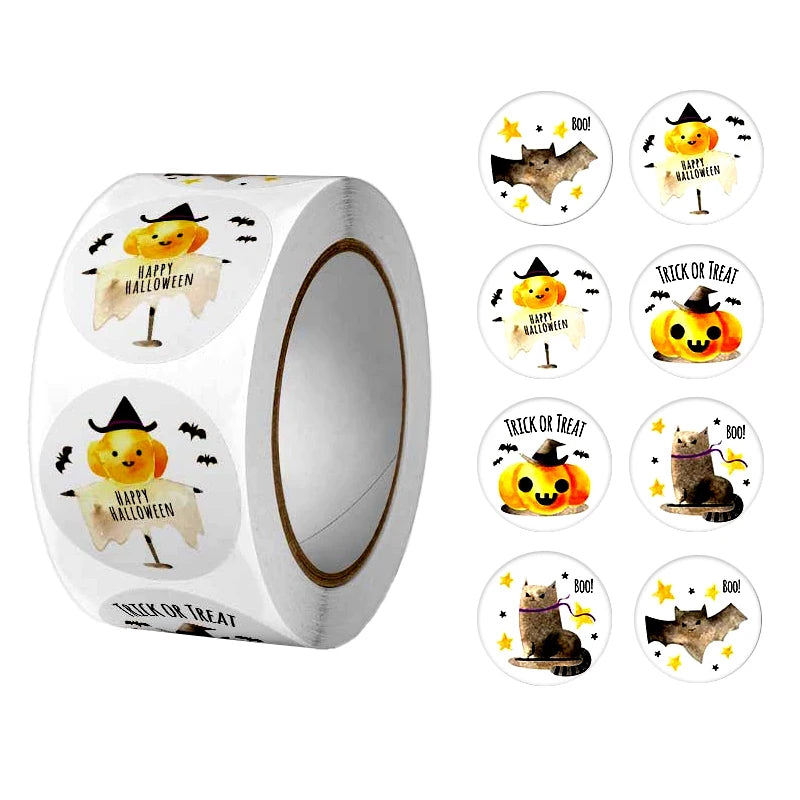 500Pcs Round Cartoon Halloween Day Trick or Treat Stickers 2.5cm/1'' Roll DlY Craft Decoration Scrapbook Label Gift Sealing