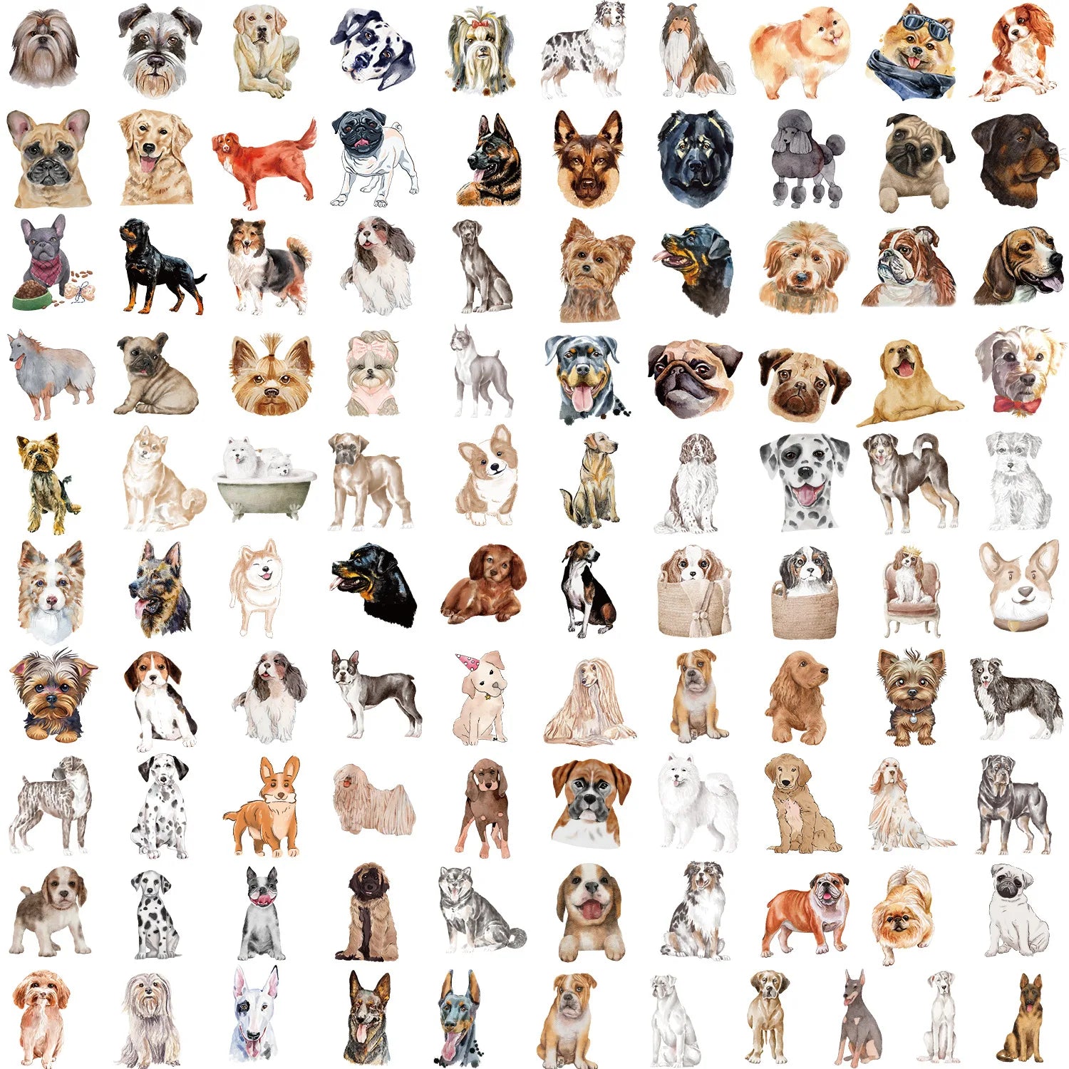 100 PCS Watercolor Cartoon Dog Doodle Stickers, Water Cups, Boxes, Decorative stickers, waterproof creative children's cartoon s