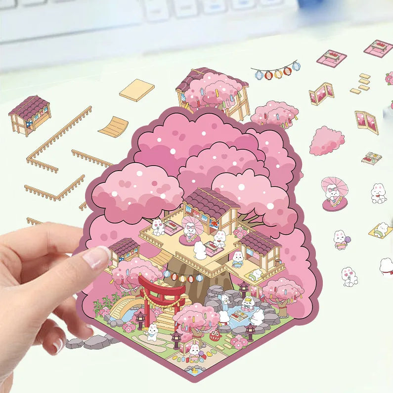 3D Cartoon Landscape Stickers Sakura Hot Spring Sake House Miniature World Stereoscopic Cabin Decompression DIY Scene Sticker
