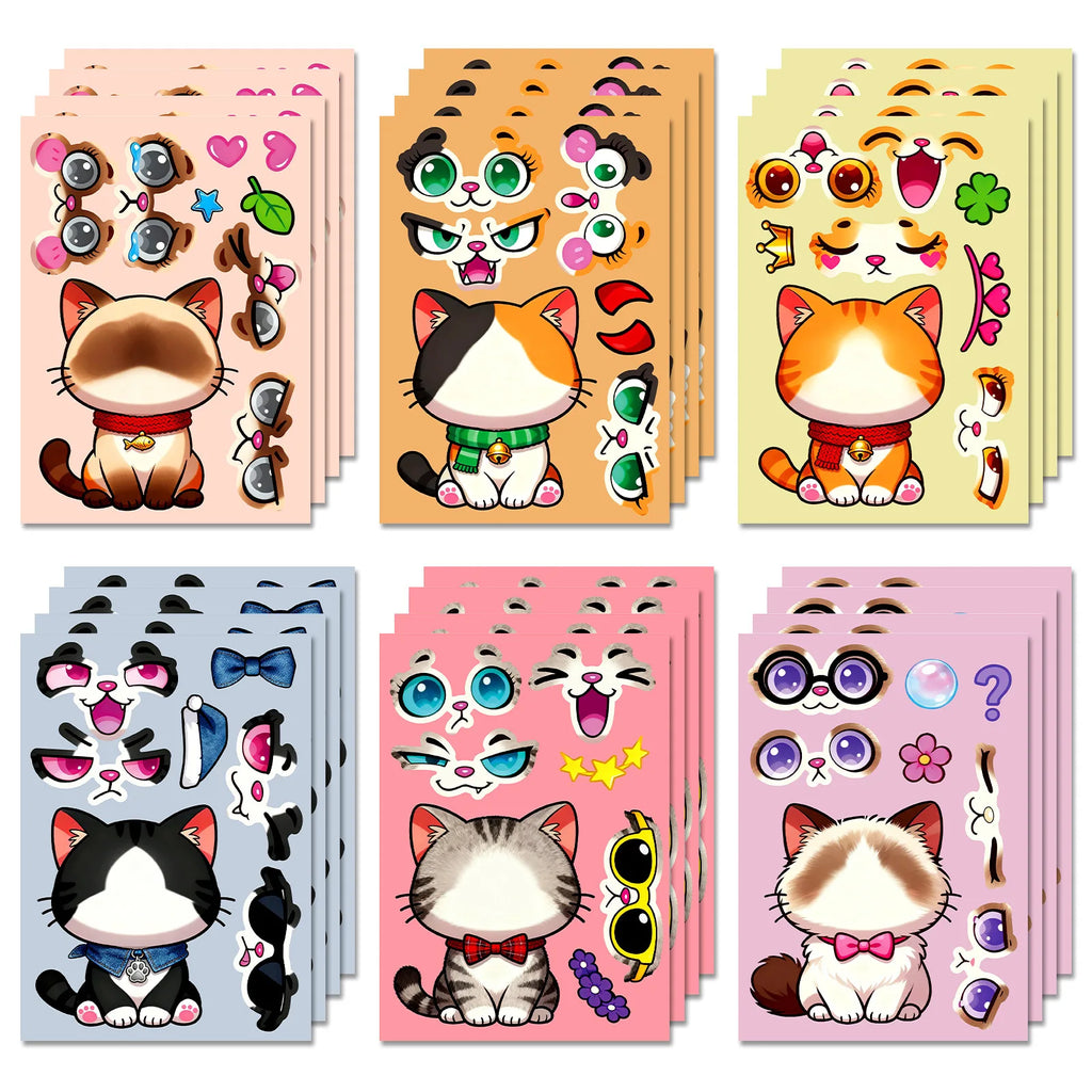 6/12 Pcs Large Cartoon Cat Full Body Make A Face Puzzle Stickers DIY Brain Game for Fridge Stationery Box Notebook Guitar Desk