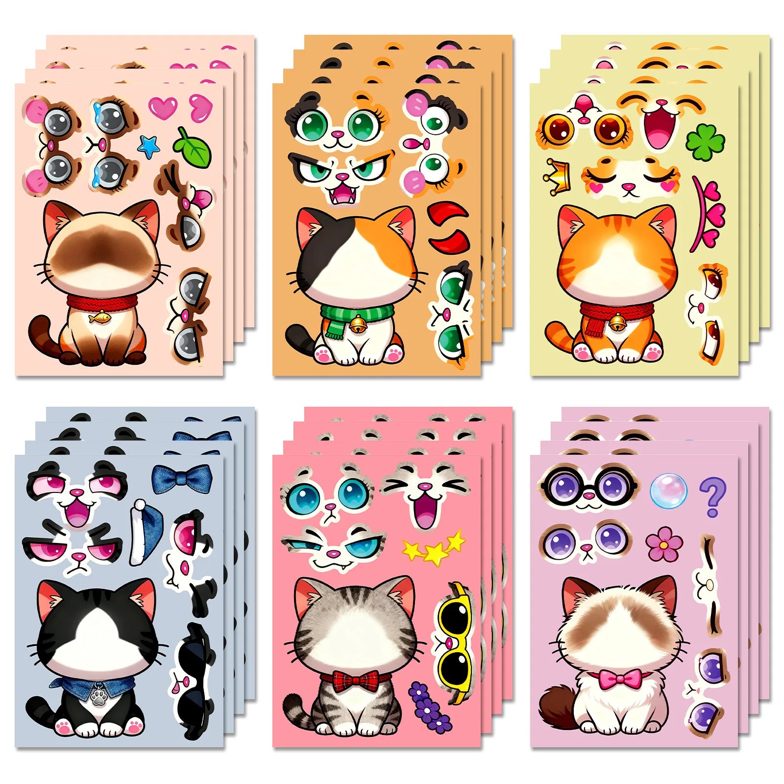 6/12 Pcs Large Cartoon Cat Full Body Make A Face Puzzle Stickers DIY Brain Game for Fridge Stationery Box Notebook Guitar Desk