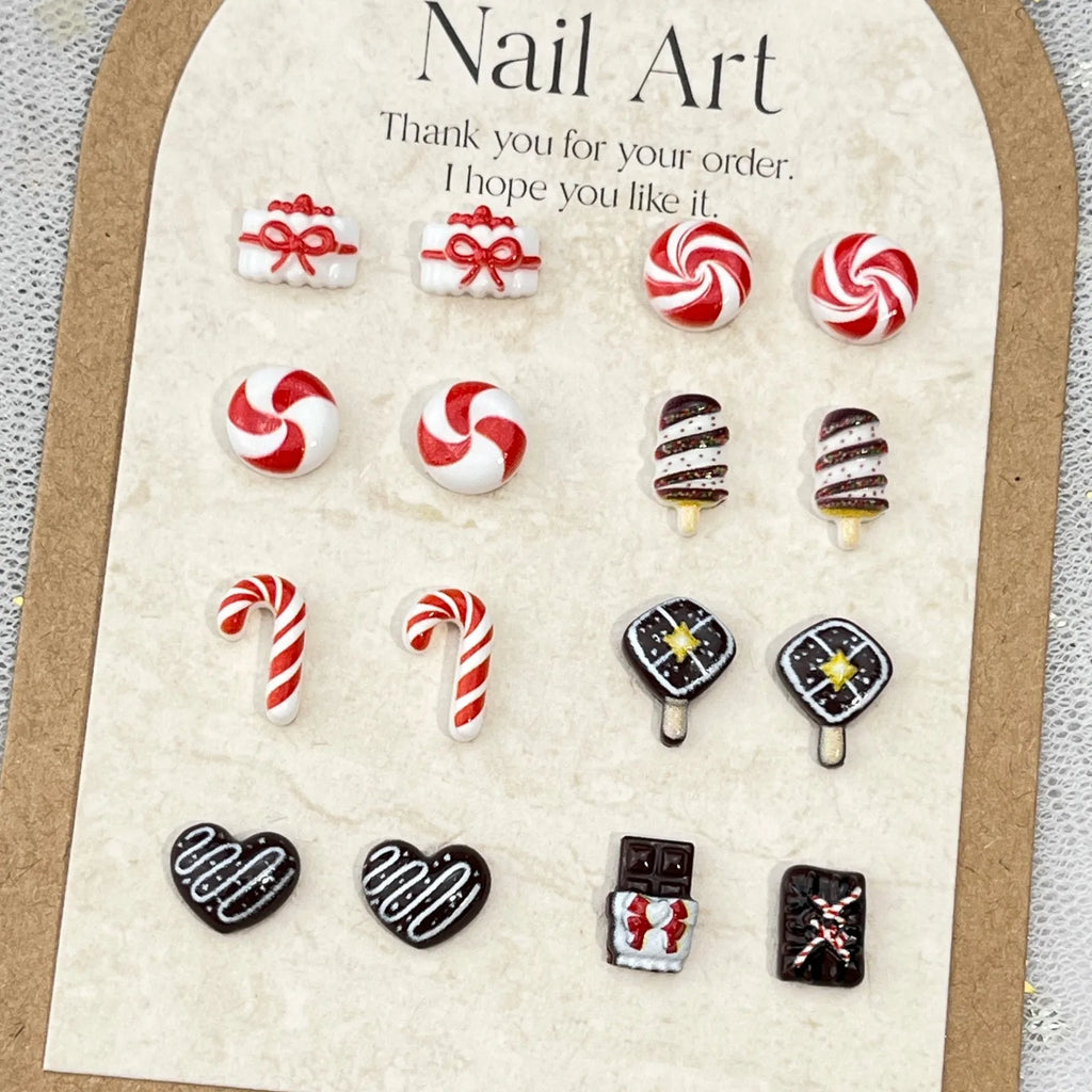10pc Christmas Chocolate Candy Nail Charms Cute Simulation Series Food Play Cake Nails Accessories DIY Rhiestones Nails Decorati