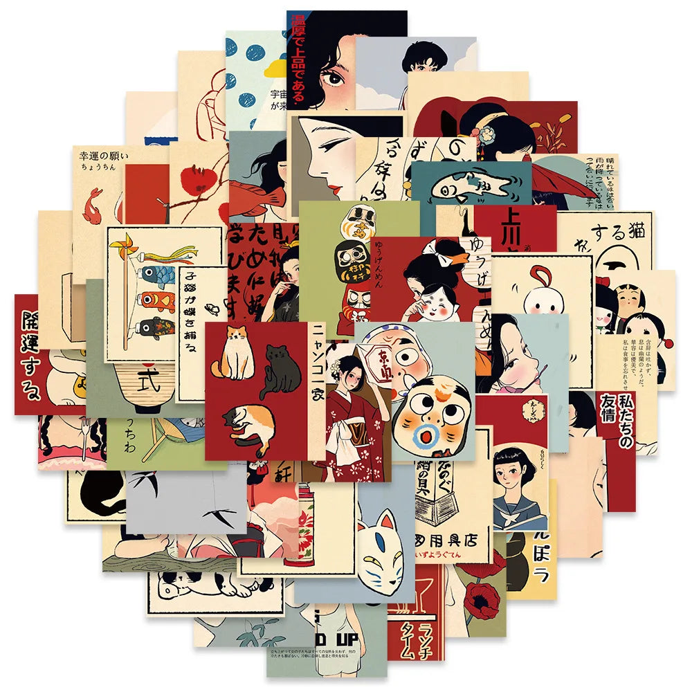 50PCS Retro Cartoon Japanese Culture Aesthetics Stickers DIY Manual Scrap Book Laptop Luggage Waterproof Graffiti Stickers