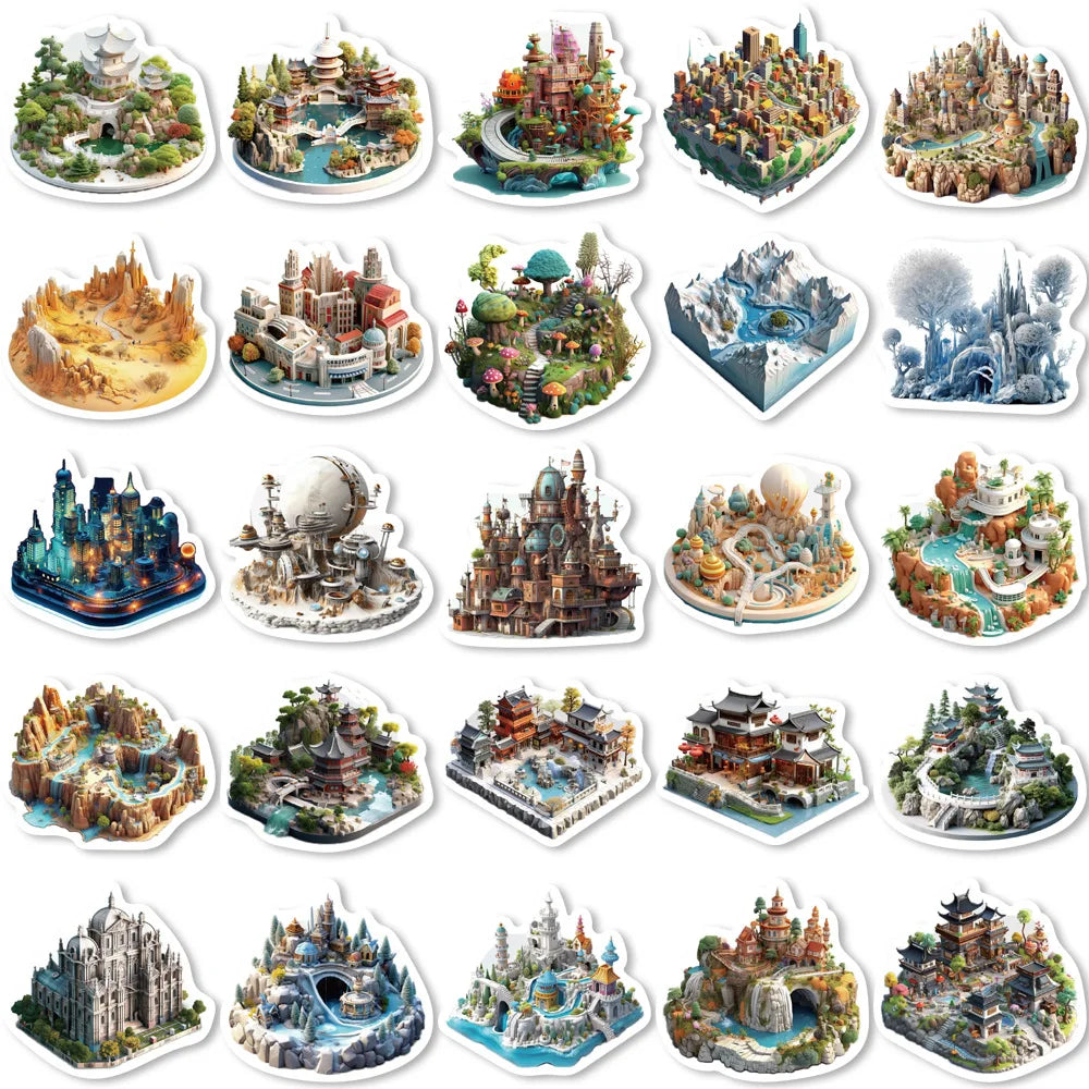 50PCS Creative 3D Small World Micro Landscape Stickers for Mobile, Computer, Tablet, Waterproof Stationery System Stickers