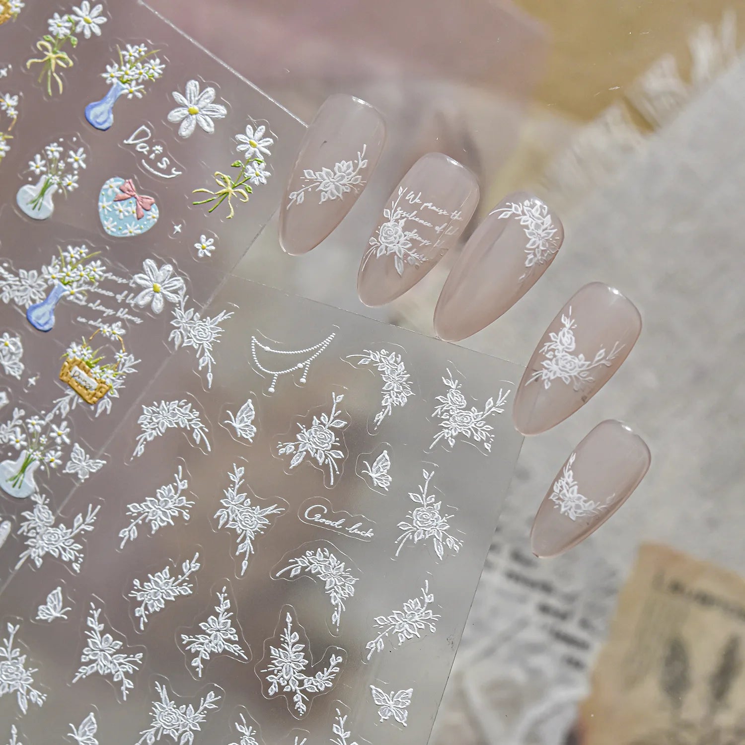 Spring Flowers Nail Charms Stickers 5D Semi-transparent Rose Daisy Flowers Self Adhesive Manicure Decorations Sticker Decals DIY