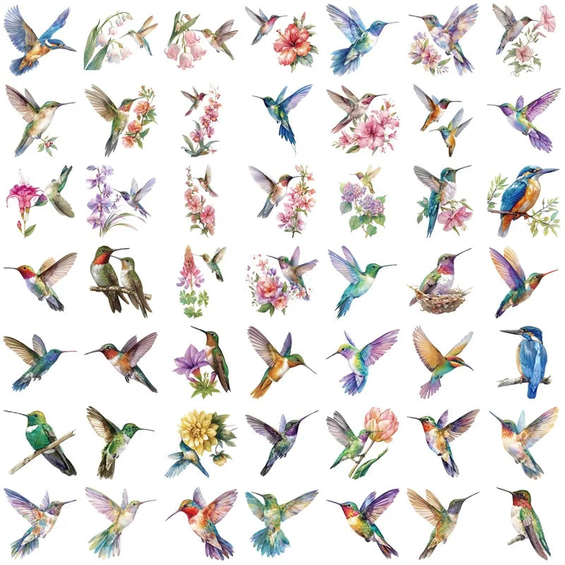 50PCS Cartoon Hummingbird PET Sticky Sticker Aesthetic Korean Stationery DIY Decoration Scrapbooking School Supplies for Kids