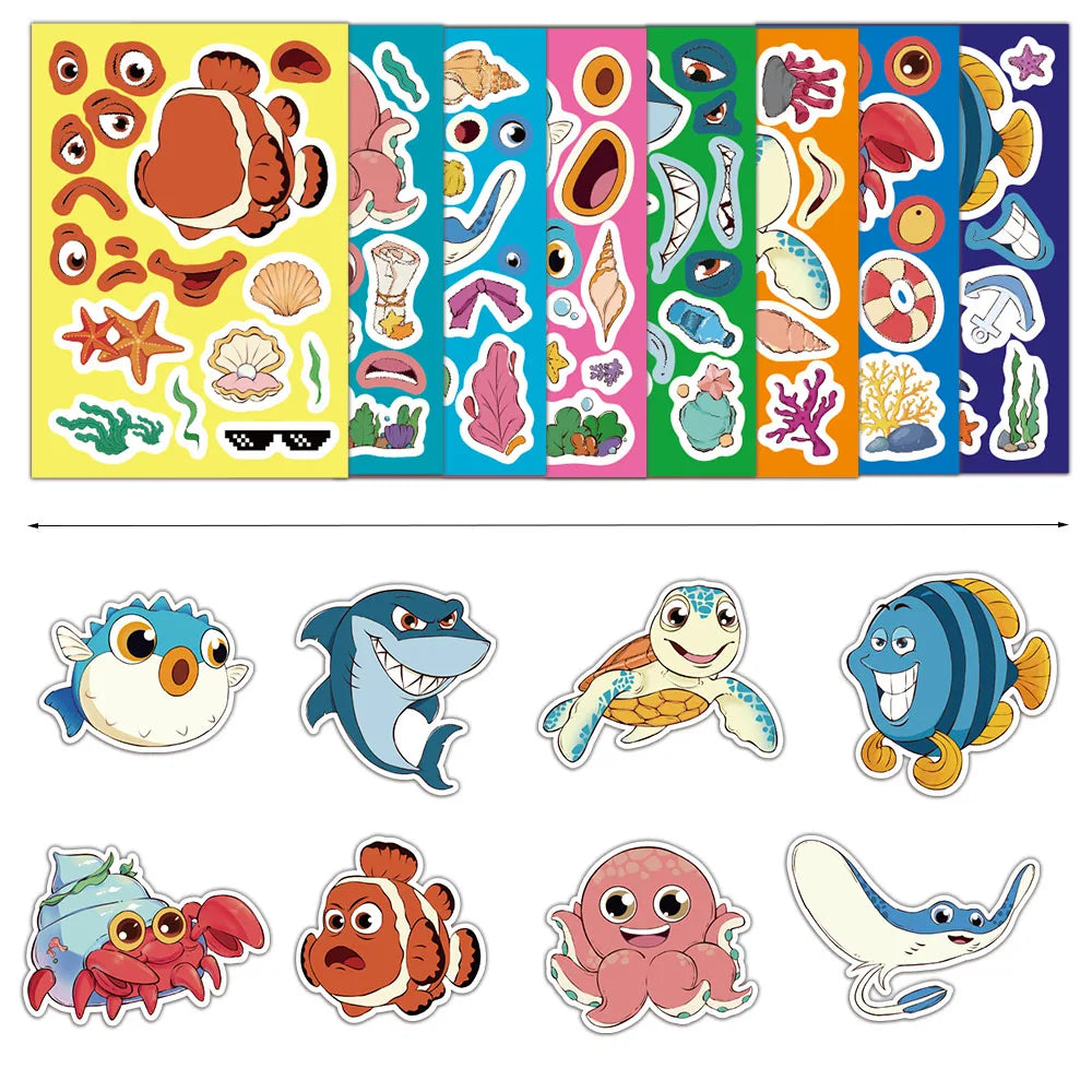 8PCS Cartoon Ocean Fish Animal Face Changing Graffiti Stickers Fun Stickers DIY Phone Case Laptop Water Cup Computer Toy Sticker