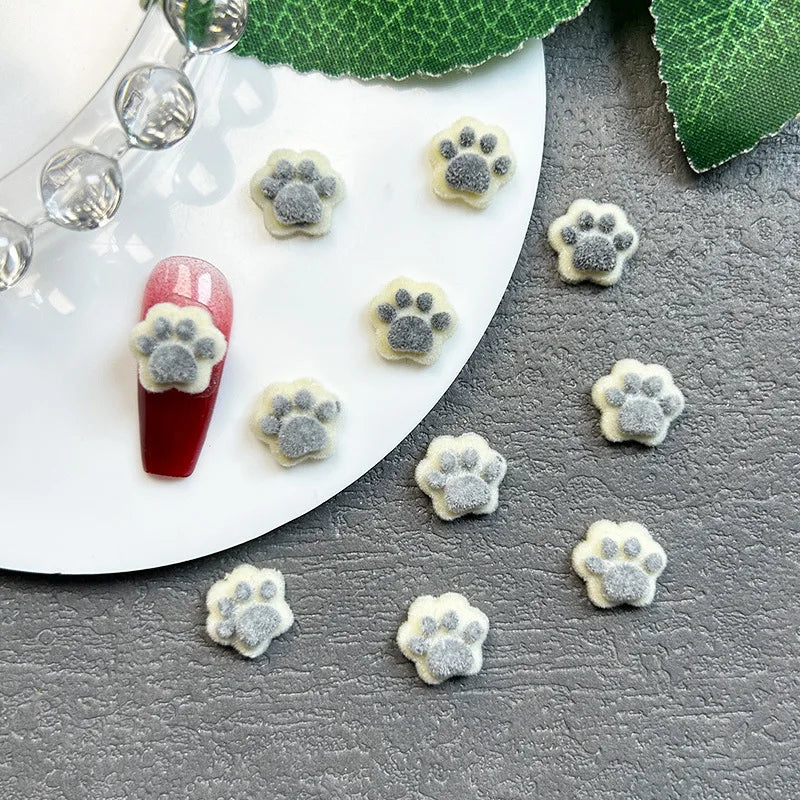 Winter Flocked Cat Paw Cartoon Nail Art Accessories Colorful 3D Bear Paw Resin Nail Charms DIY 10pcs Manicure Decorations Parts