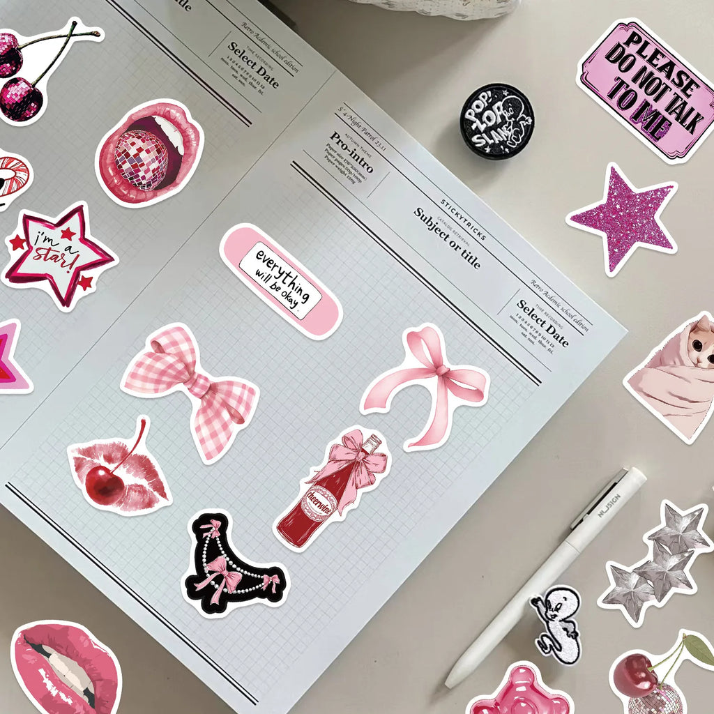 50/100PCS Cartoon Pink Downtown Girl Stickers Decorative Guitar Notebook Luggage DIY Waterproof Stationery Stickers