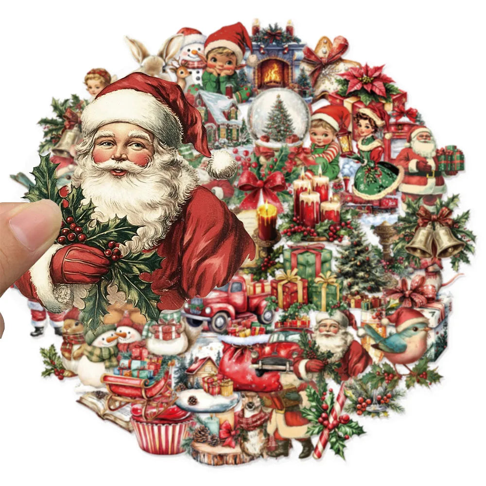 50PCS Retro Christmas Fun Stickers Set Waterproof Transparent PET Booklet Decorative Laptop Tablet Waterproof Stickers
