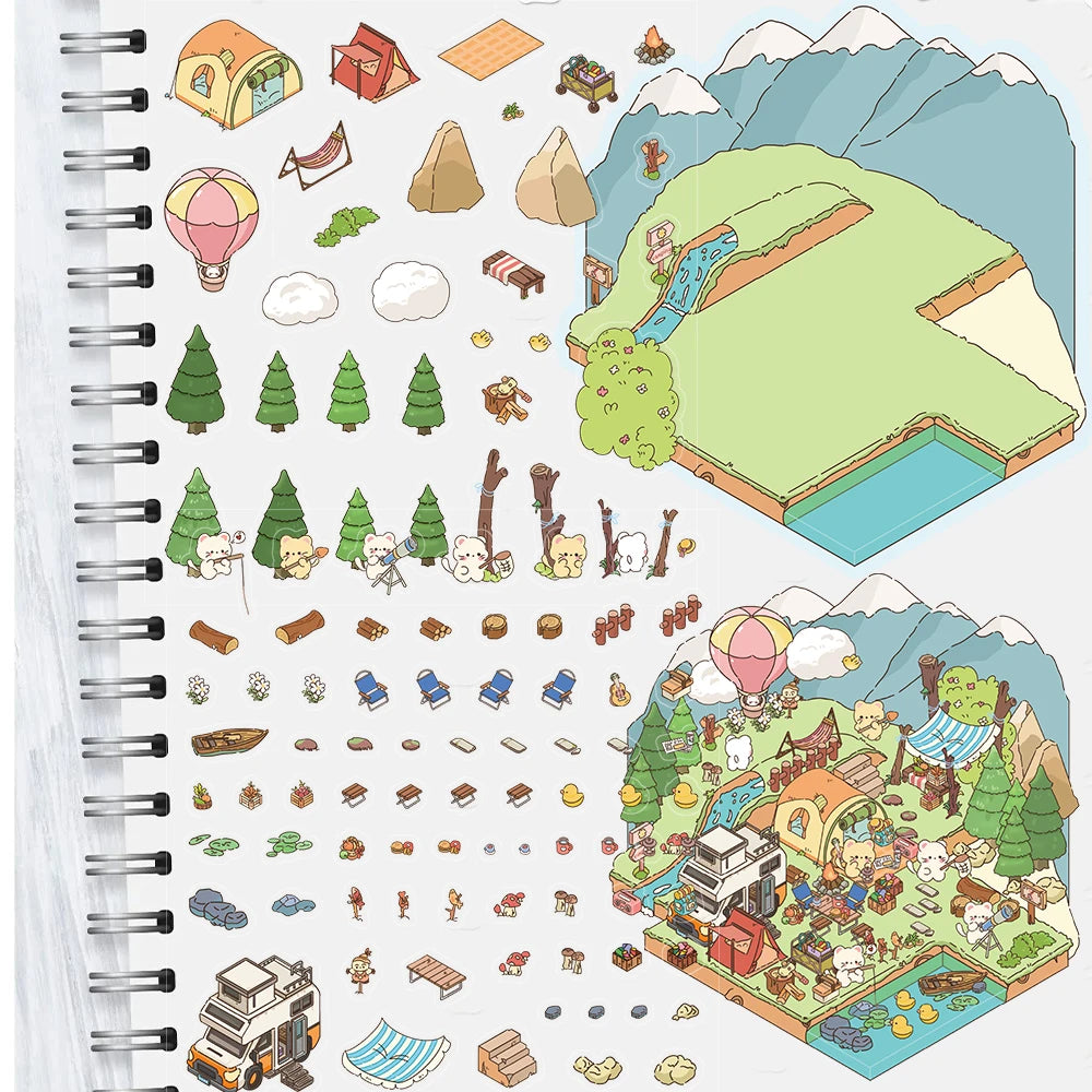 Cartoon Meow Meow Camping Notes 3D Landscaping Stickers Nostalgia Coffee Creative  Nostalgia Pegatinas Wall Stickers