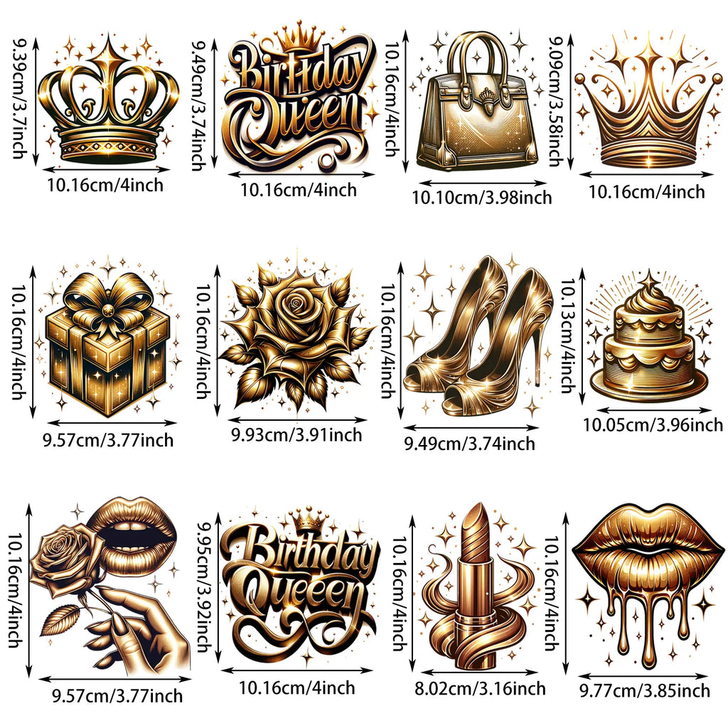 12 sheet Gold Birthday Queen Themed Iron-On Decal T-Shirt Heat Transfers Suitable for DIY, Gilded, Fashion, T-Shirts, Mask, Jean