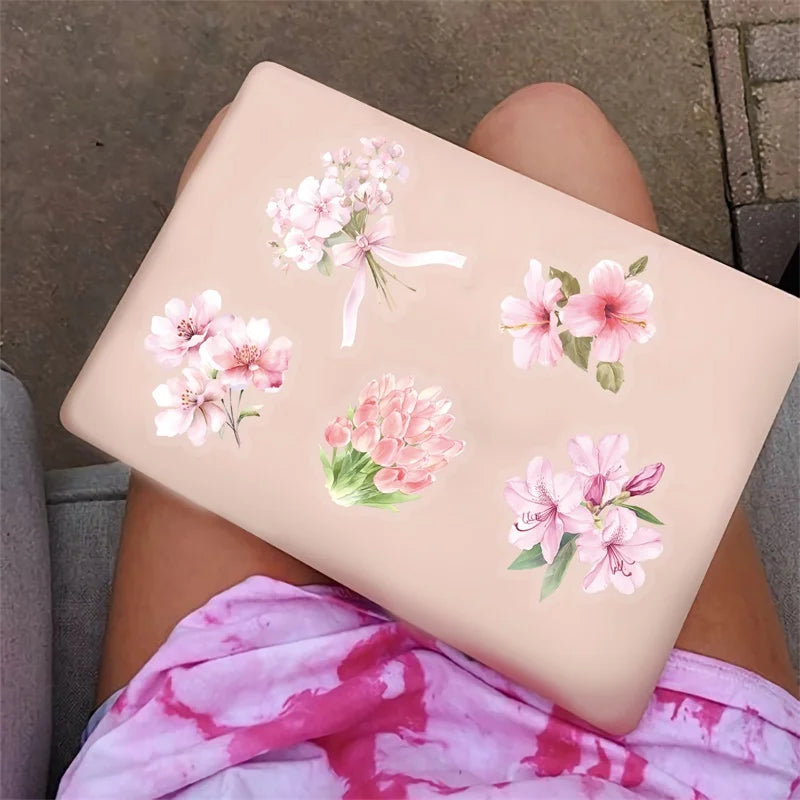 50PCS Cute Pink Flower PET Sticky Sticker Aesthetic Tear Open DIY Decoration Scrapbooking Stationery Supplies for Kids