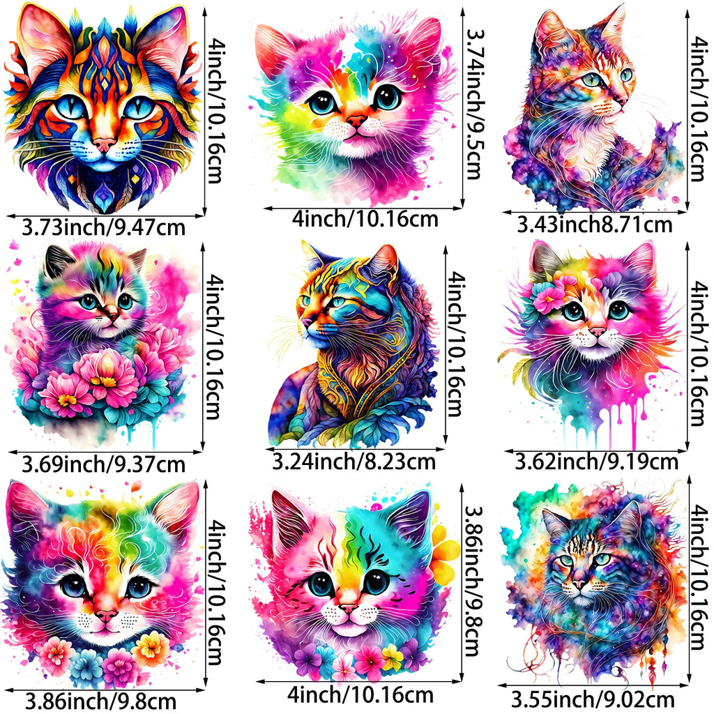 9 Pack Watercolor Cute Floral Cat Theme Pattern Iron-On Transfer Sticker Design Floral Cat Decal Heat Press Decal