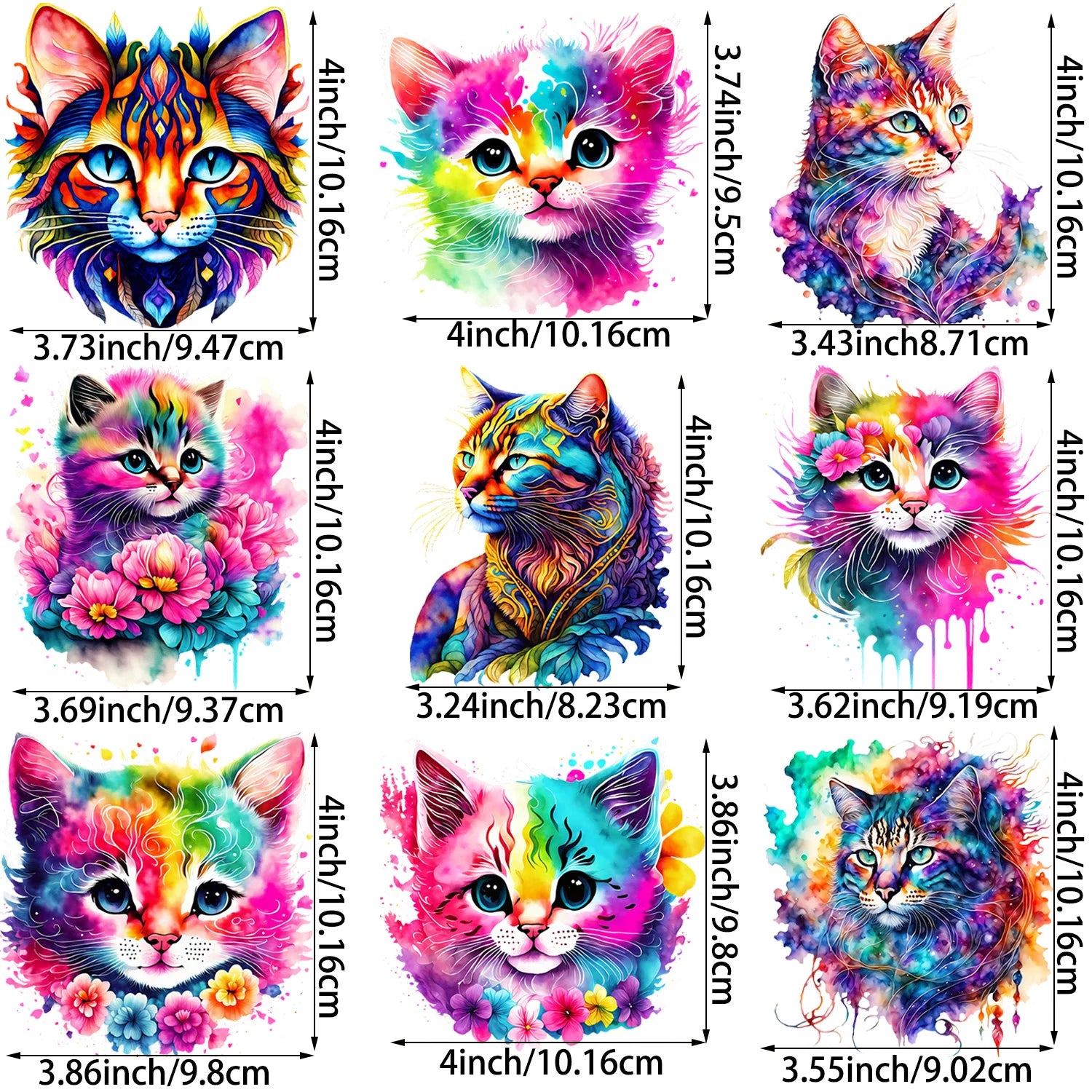 9 Pack Watercolor Cute Floral Cat Theme Pattern Iron-On Transfer Sticker Design Floral Cat Decal Heat Press Decal