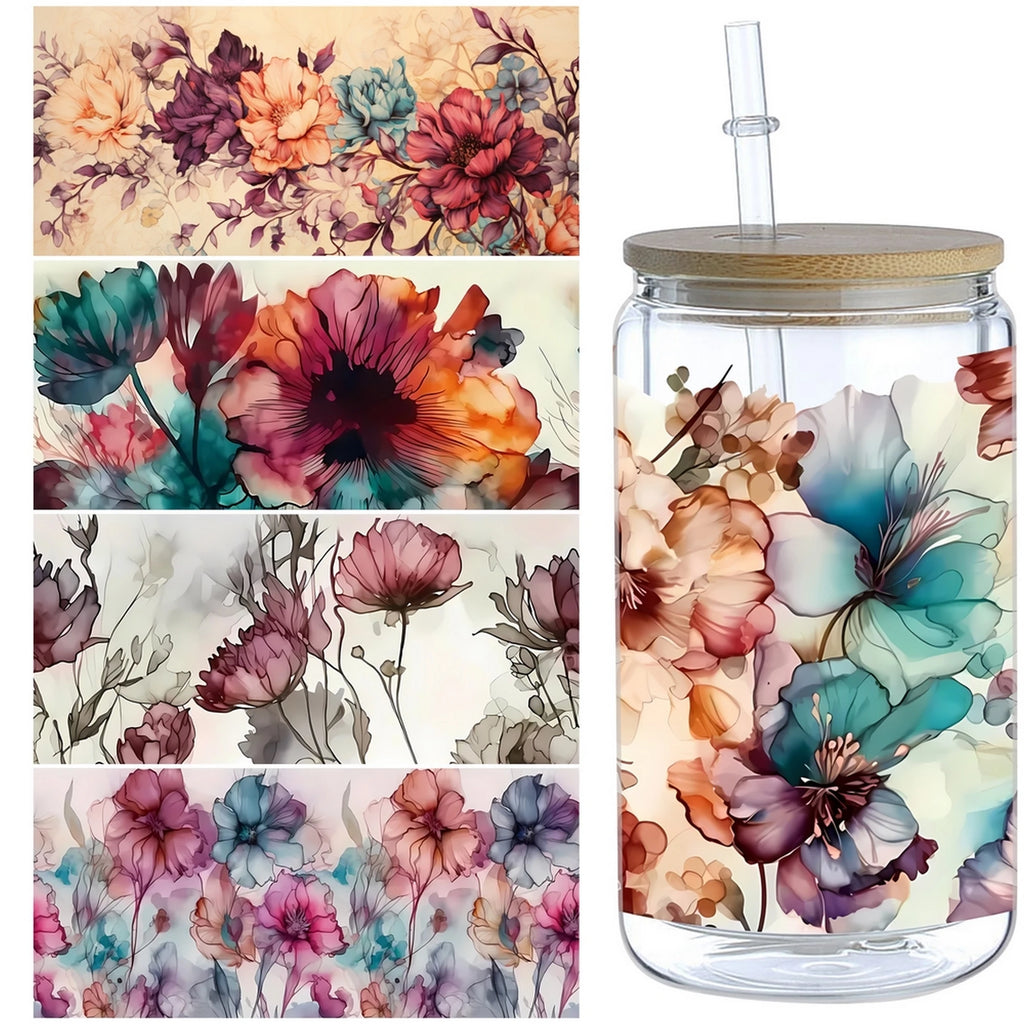 5 Sheets Plant UV DTF Cup Stickers, DTF Transfer Stickers, Waterproof Flower Wipe-Off Transfer Paper for 16oz Glass, Mug