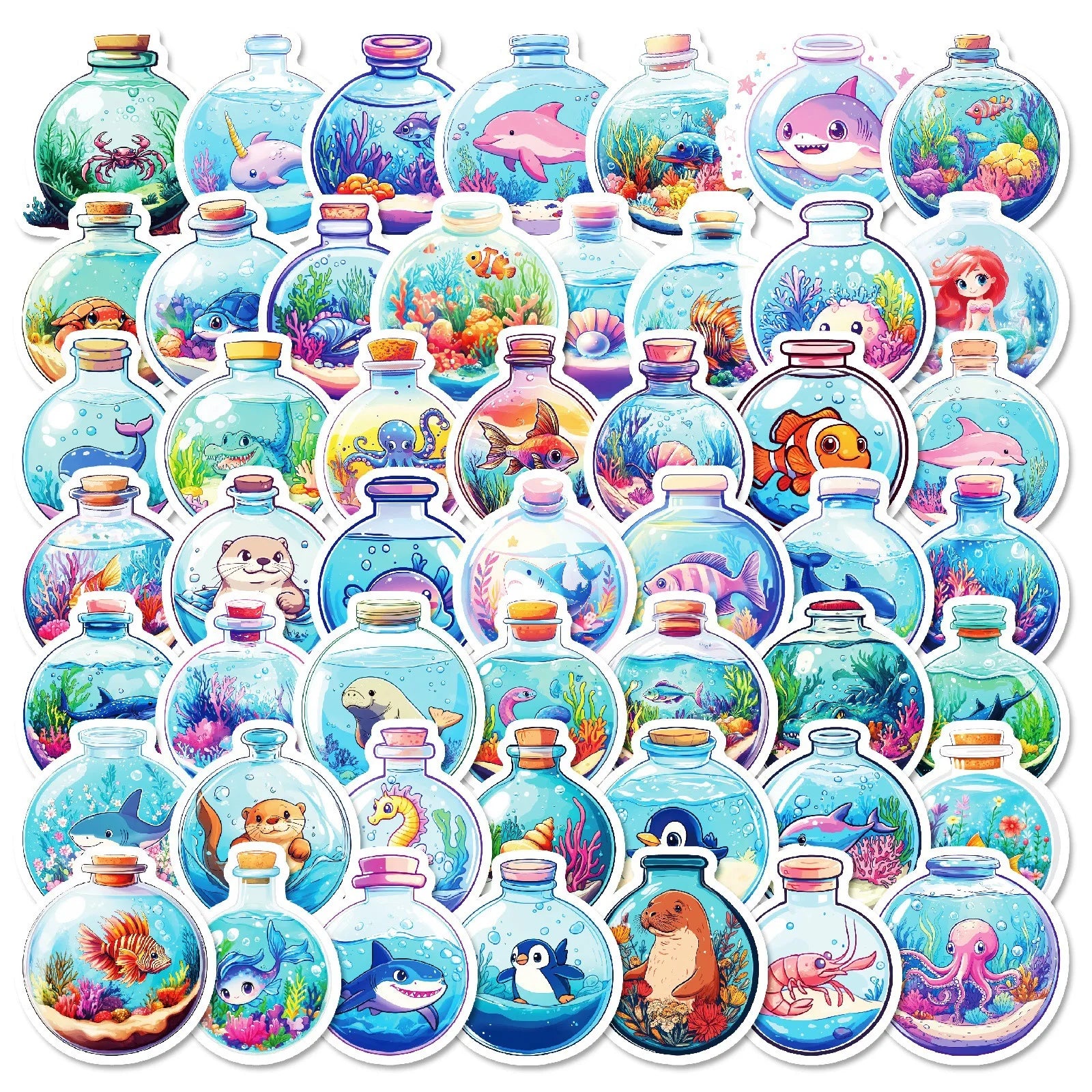 50-Pack Round Underwater World Cartoon Ocean Creature Stickers for Student Stationery Notebook Diary Luggage Decoration