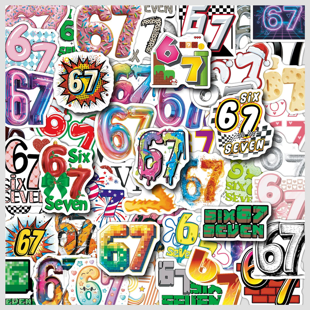50/100Pcs Cartoon Number 67 Aesthetic Doodle Stickers, School Supplies Stationery Decal Notebook Phone Fridge Waterproof Sticker