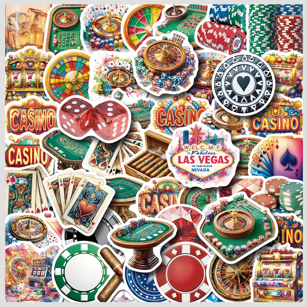 50/100 Pcs Cartoon Casino Props Colorful Doodle Stickers DIY Game for Laptop Phone Suitcase File Holder Removable Decals