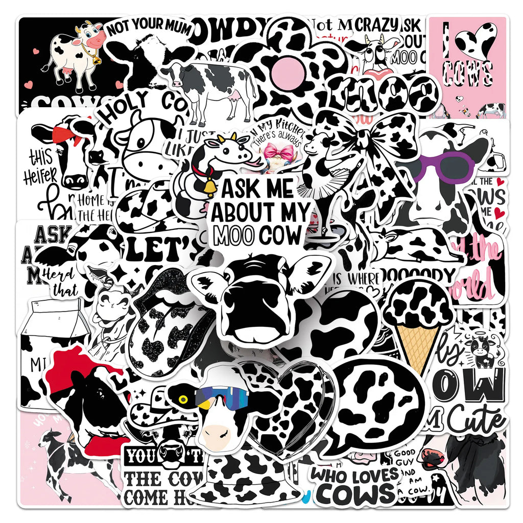 50-Pack Fun Black & White Polka Dot Cow Stickers Waterproof Decorative Stickers for Guitars Luggage Helmets Stationery Notebooks