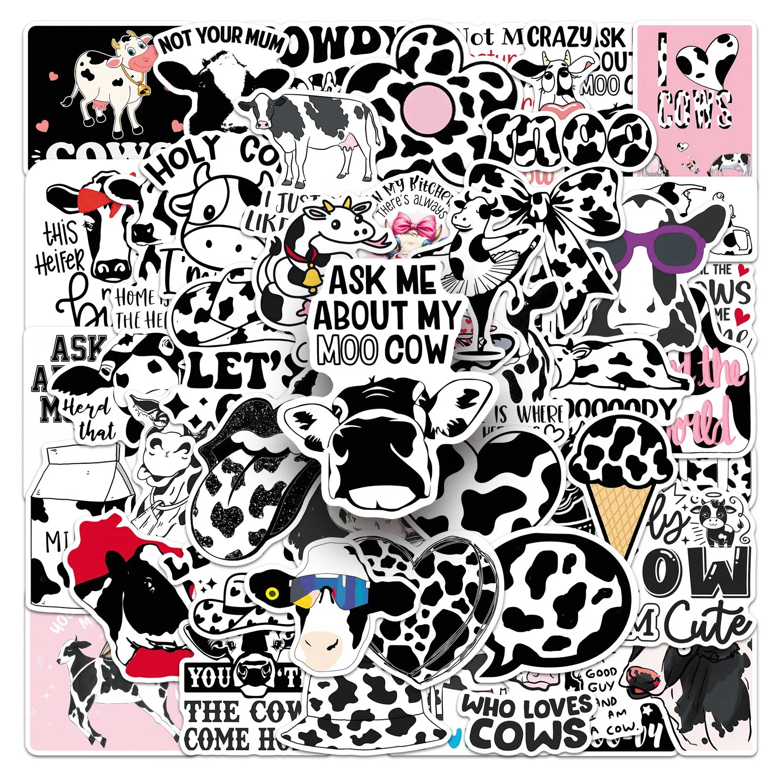 50-Pack Fun Black & White Polka Dot Cow Stickers Waterproof Decorative Stickers for Guitars Luggage Helmets Stationery Notebooks